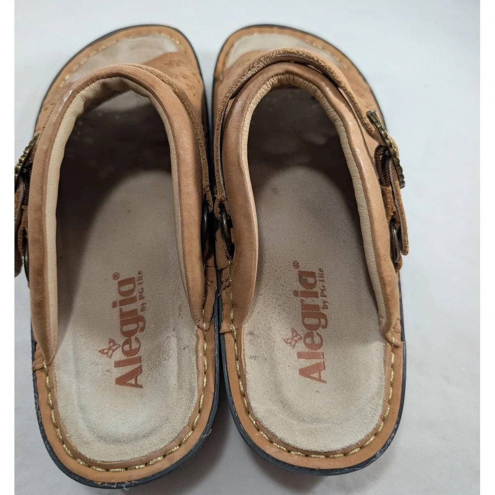 Alegria Kleo Tan Leather Floral Laser Cut Slide Sandals KLO-647 EU 39